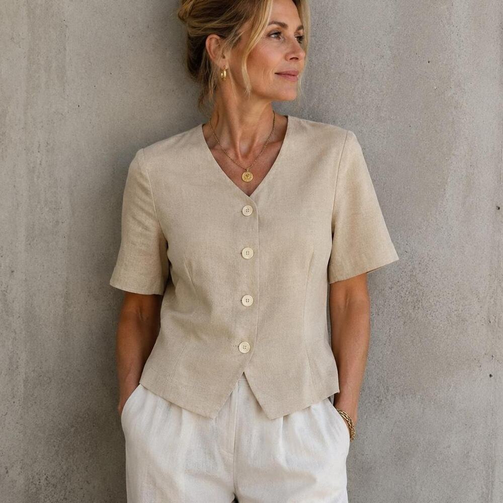 Vintage Pendleton Beige Linen Blend Button Down Shirt Size 14